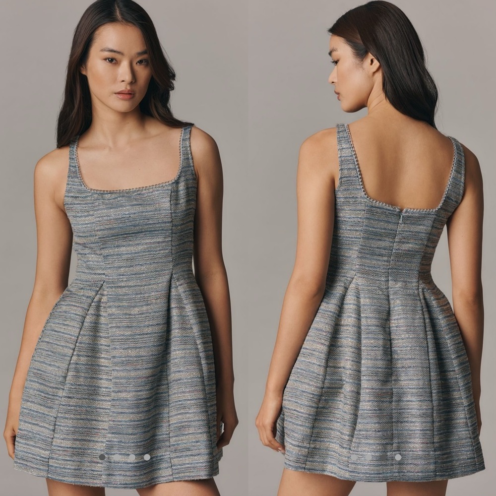 By Anthropologie sleeveless square neck tweed fit and flare midi dress
